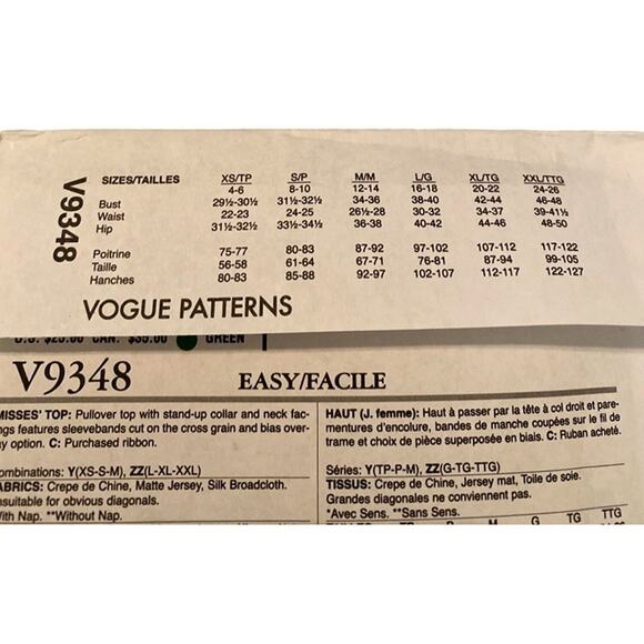 Sewing Pattern Vogue V9348 Pullover Top Standup Collar w/variations  L-XXL - Picture 4 of 8